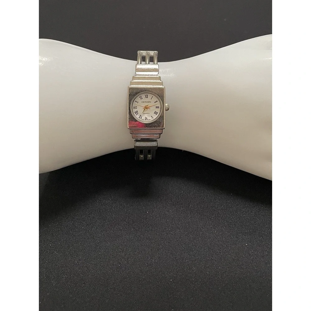 Y2K Kim Rogers Silver Bangle Cuff Wristwatch Square Face. Made in Japan Tested!